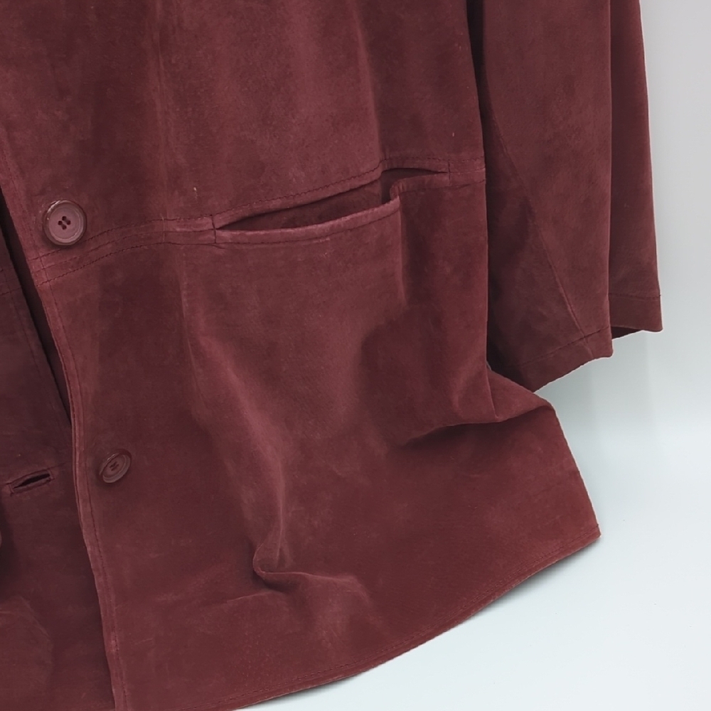 VTG ISZ Leather Suede Jacket Longline Button front Blazer Coat Soft XL Burgundy - Picture 4 of 13